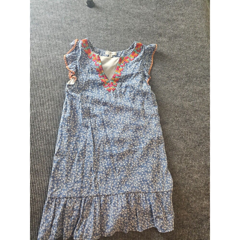 THML Blue Floral Boho Dress Small Embroidered V Neck Flutter Sleeve Ruffle Hem